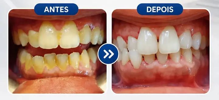 Resultado antes e depois de tratamento dentário na Clínica 2B em Luanda